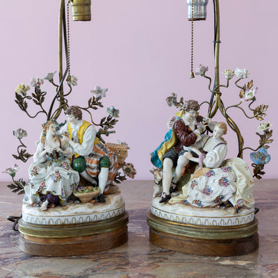 Pair of Porcelain Rococo Style Couple Lamps