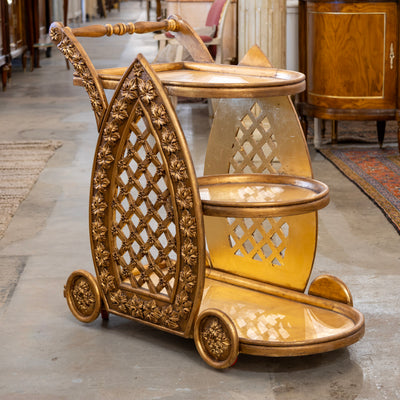 Gilded Italian Bar Cart – Carved Leaf Motifs & Lattice Paneling