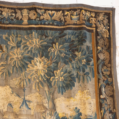 Antique French Flemish Tapestry – Handwoven Verdure Scene with Birds & Architecture