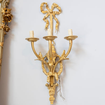 Pair of Louis XVI Grand Gilded Wall Sconces – Bright Gold with Bow Frame - Wired Sconces | Le Chateau (Atlanta, GA) • 1