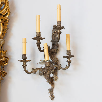Pair of Louis XV Aged Brass Sconces – Rococo Scrollwork & Five Candle Arms - Wired Sconces | Le Chateau (Atlanta, GA) • 1