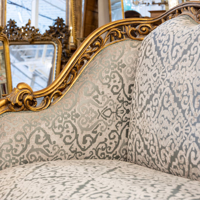 Louis XV Gilded Sofa – Detailed Carvings & Blue Damask Upholstery