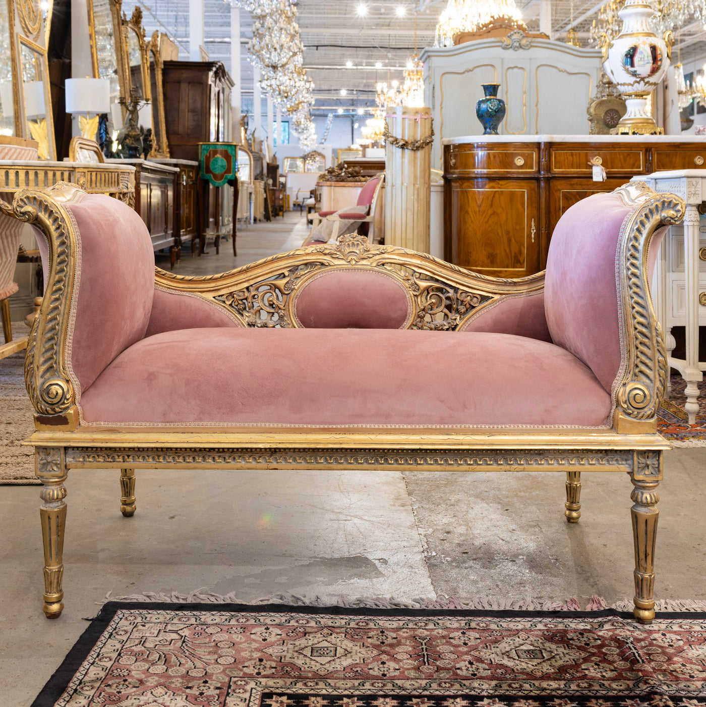 Louis XVI Gilded Settee – Pink Velvet Upholstery & Carved Detail