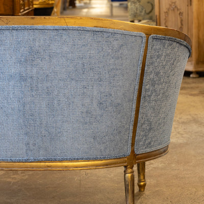 Louis XVI Round Settee – Gilded Frame & Greek Key Blue Velvet