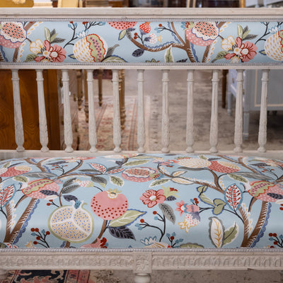 Swedish Painted Settee – Blue Botanical Print Upholstery