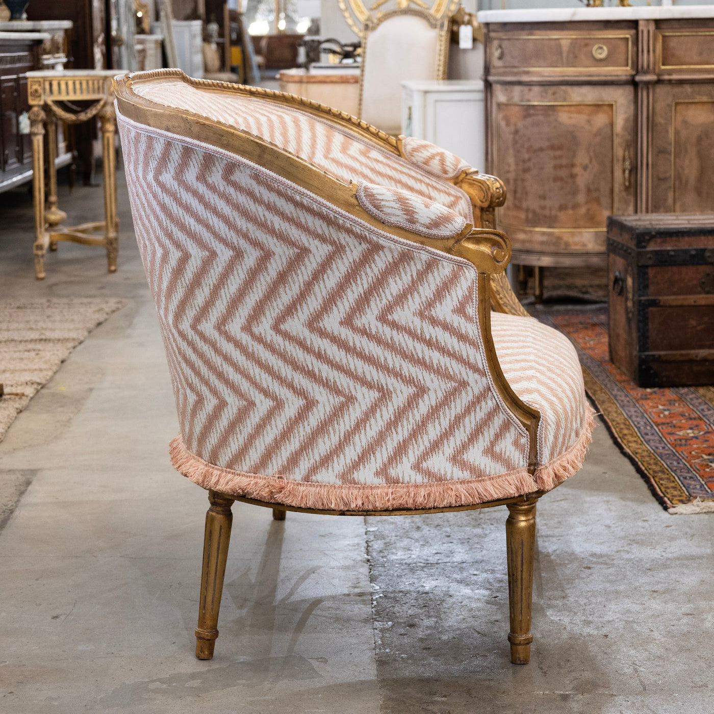Louis XVI Gilded Settee – Pink Chevron Upholstery