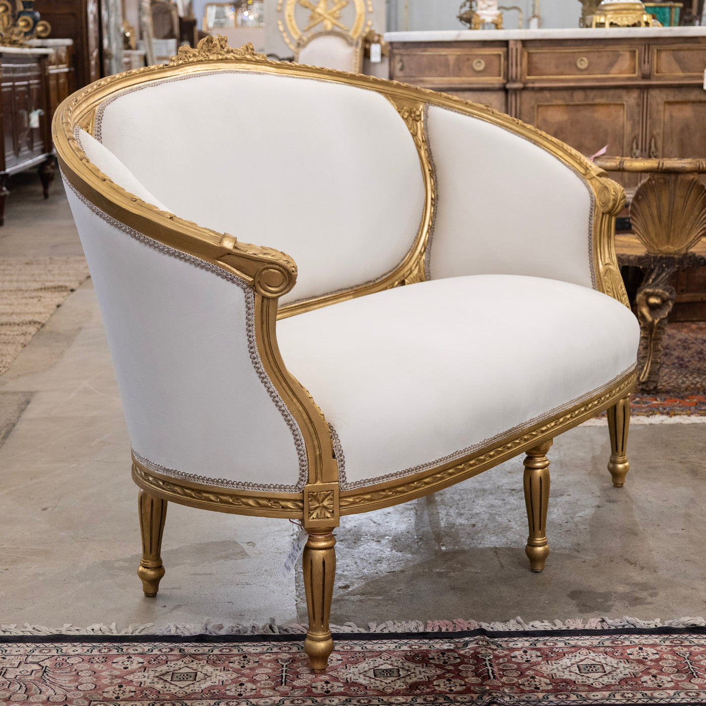 Louis XVI Gilded Settee – White Velvet Upholstery