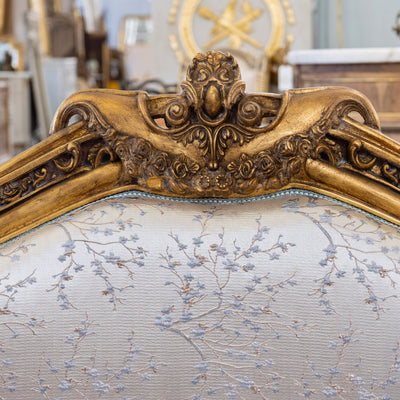 Italian Gilded Sofa – Carved Detailing & Pale Blue Silk-Weave Floral Upholstery