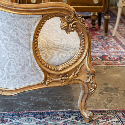 Louis XV Gilded Sofa – Carved Frame & Cream Damask Upholstery