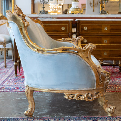 Louis Gilded XV Sofa – Baby Blue Velvet Upholstery