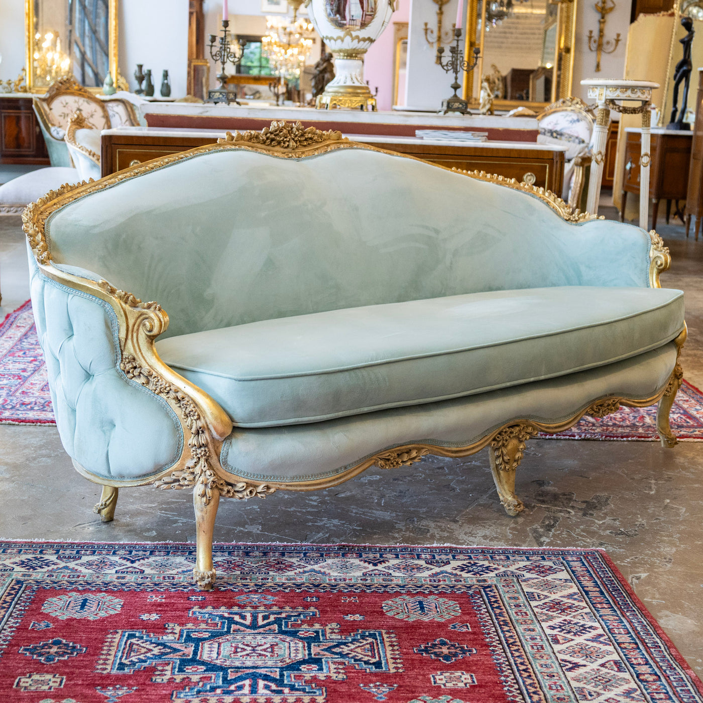 Louis XV Gilded Sofa – Carved with Tufted Pale Aqua Velvet Upholstery