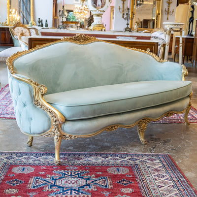 Louis XV Gilded Sofa – Carved with Tufted Pale Aqua Velvet Upholstery