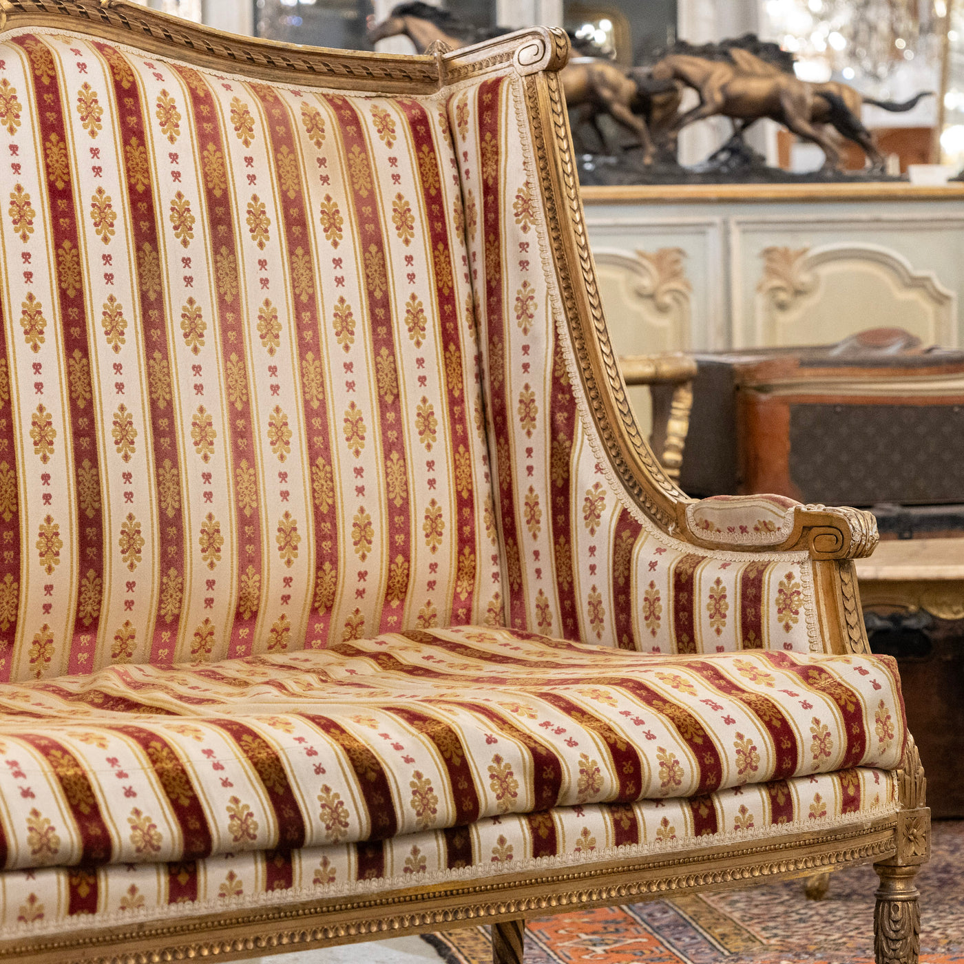 Louis XVI Carved Gilded Settee – Striped Damask Upholstery