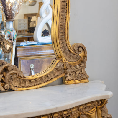 Gilded Rococo Mirror & Console – Ornate Hand-Carved Scrollwork & White Marble Top