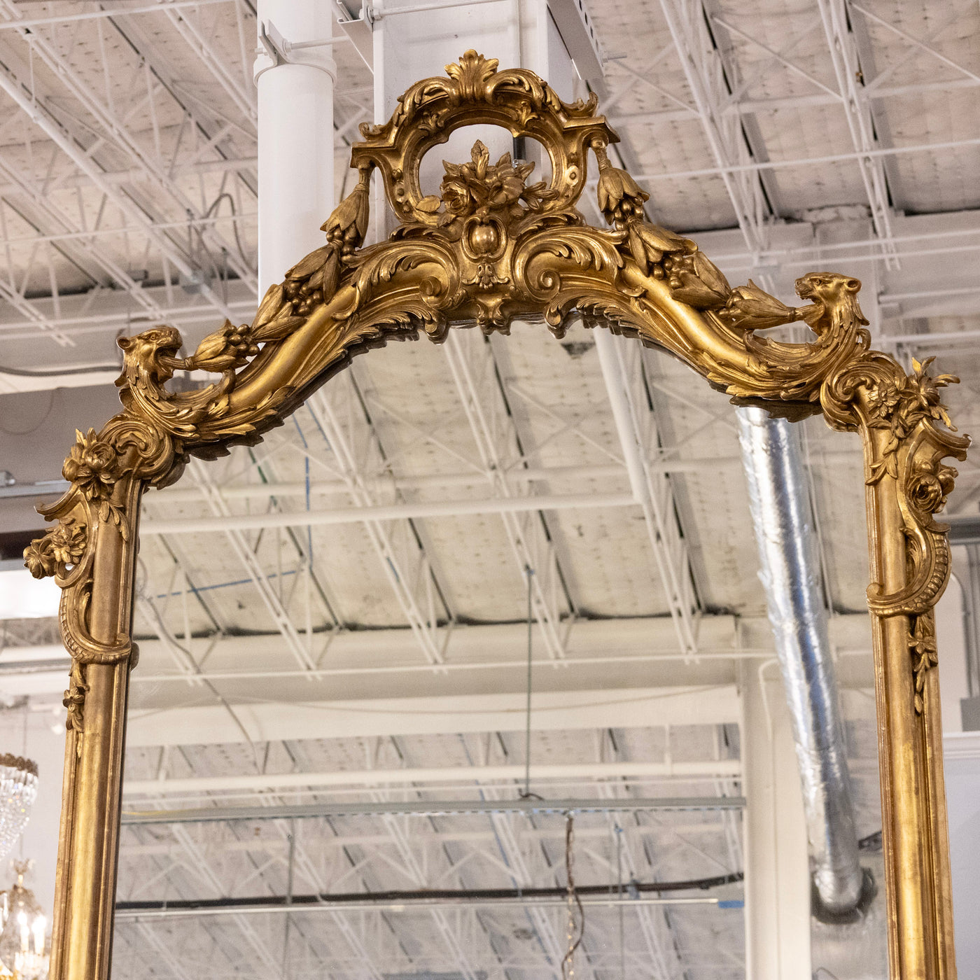 Grand 17th Century French Gilded Mirror – Ornate Rococo Crest & Floral Carvings