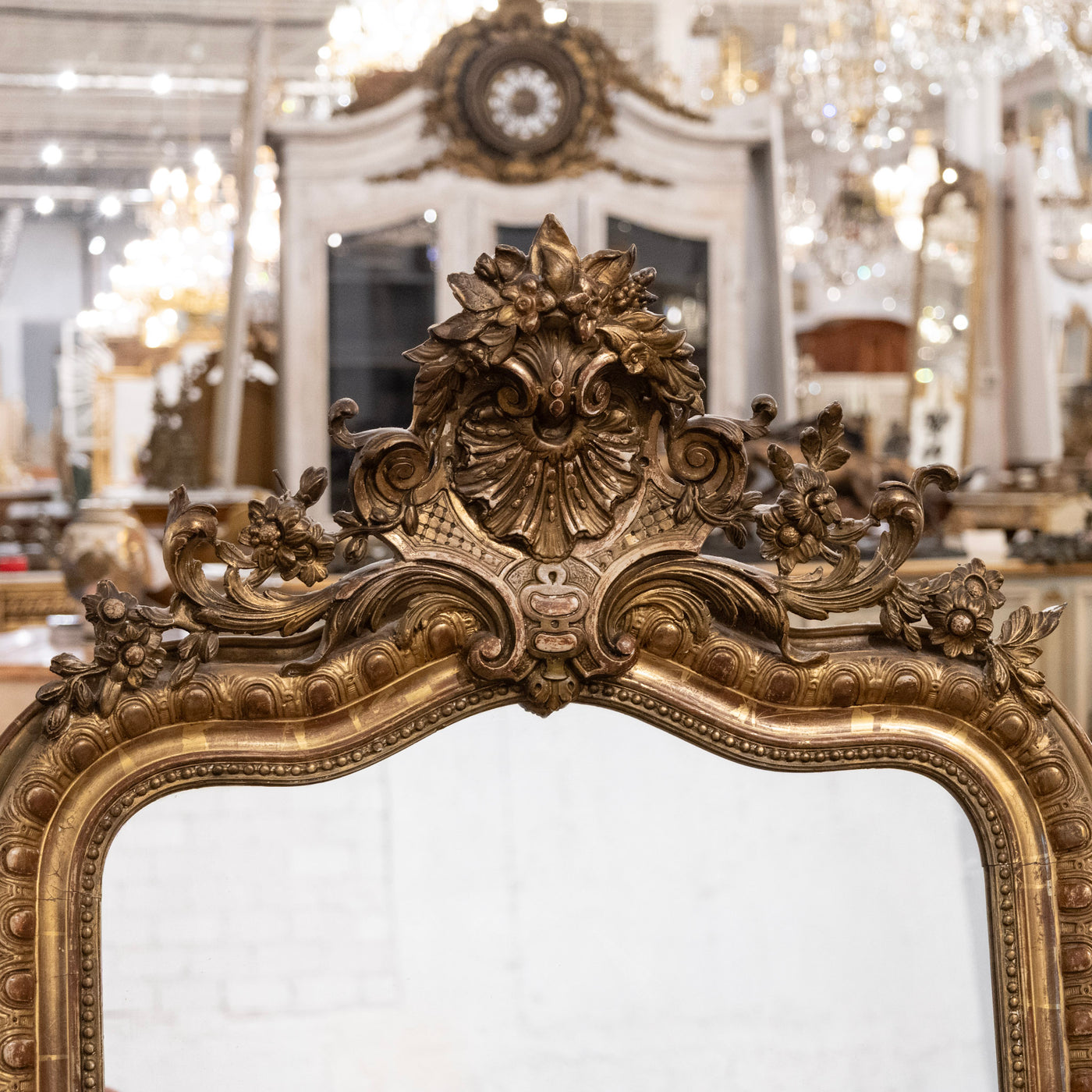 18th-Century Ornate French Gilded Mirror – Shell Crest & Carved Trim