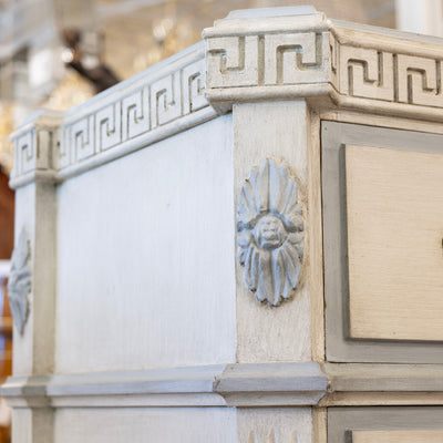 Swedish 3-Drawer Chest – Greek Key Carving & Blue Trim