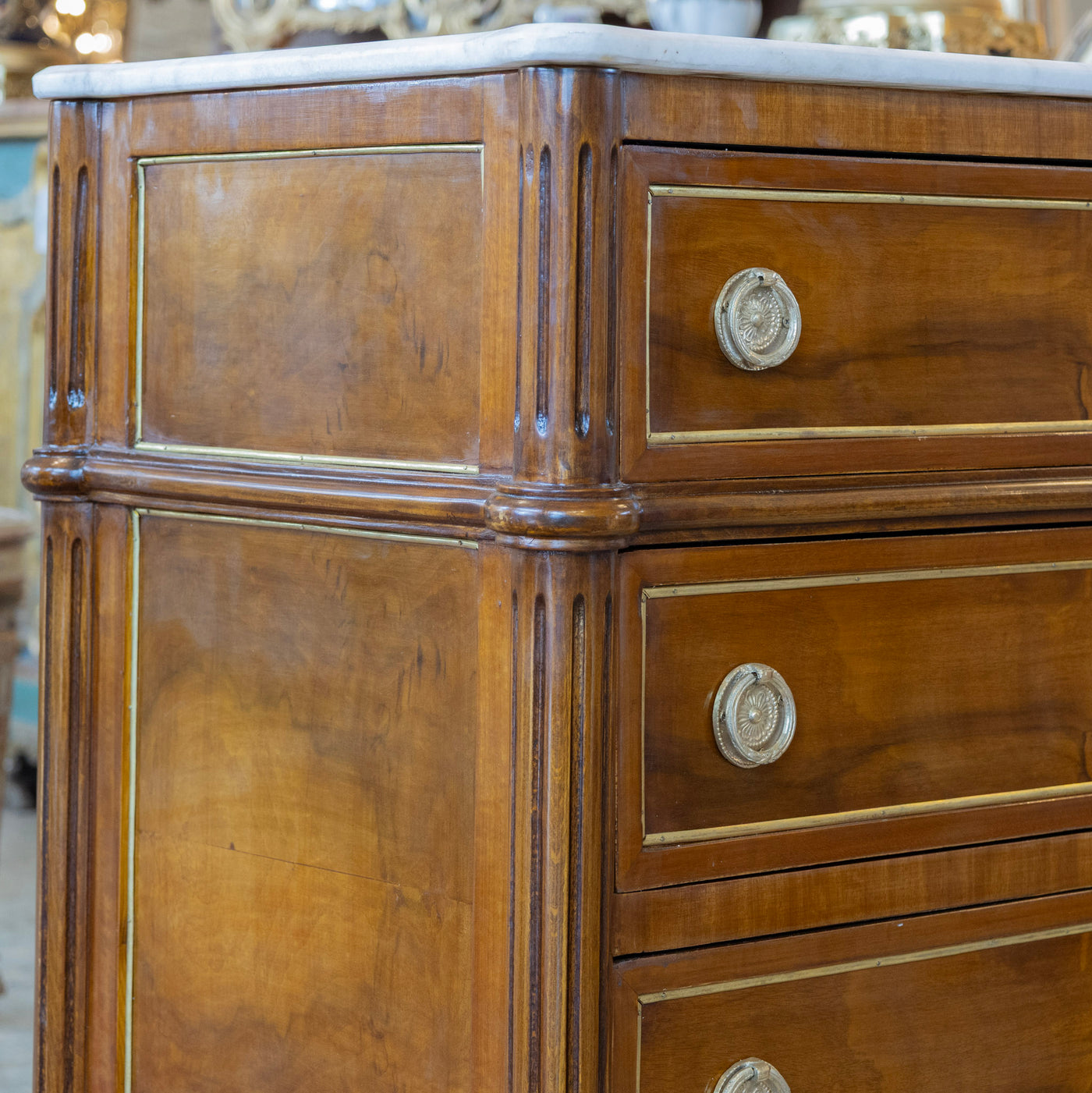 Louis XVI Burl Wood Nightstand – Gold Inlay & White Marble Top
