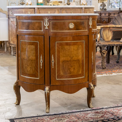 Louis XV Demilune Burl Wood Nightstand – White Marble Top & Ormolu Mounts