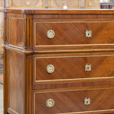 Louis XVI Burl Wood 3-Drawer Nightstand – Rounded Corners and Gold Inlay