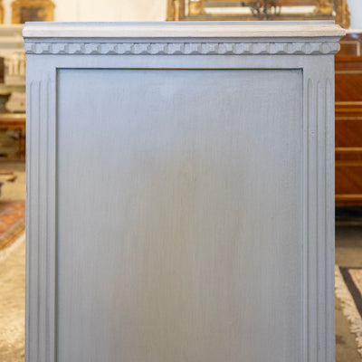 Swedish 3-Drawer Chest in French Blue – Carved Floral Detailing & White Trim