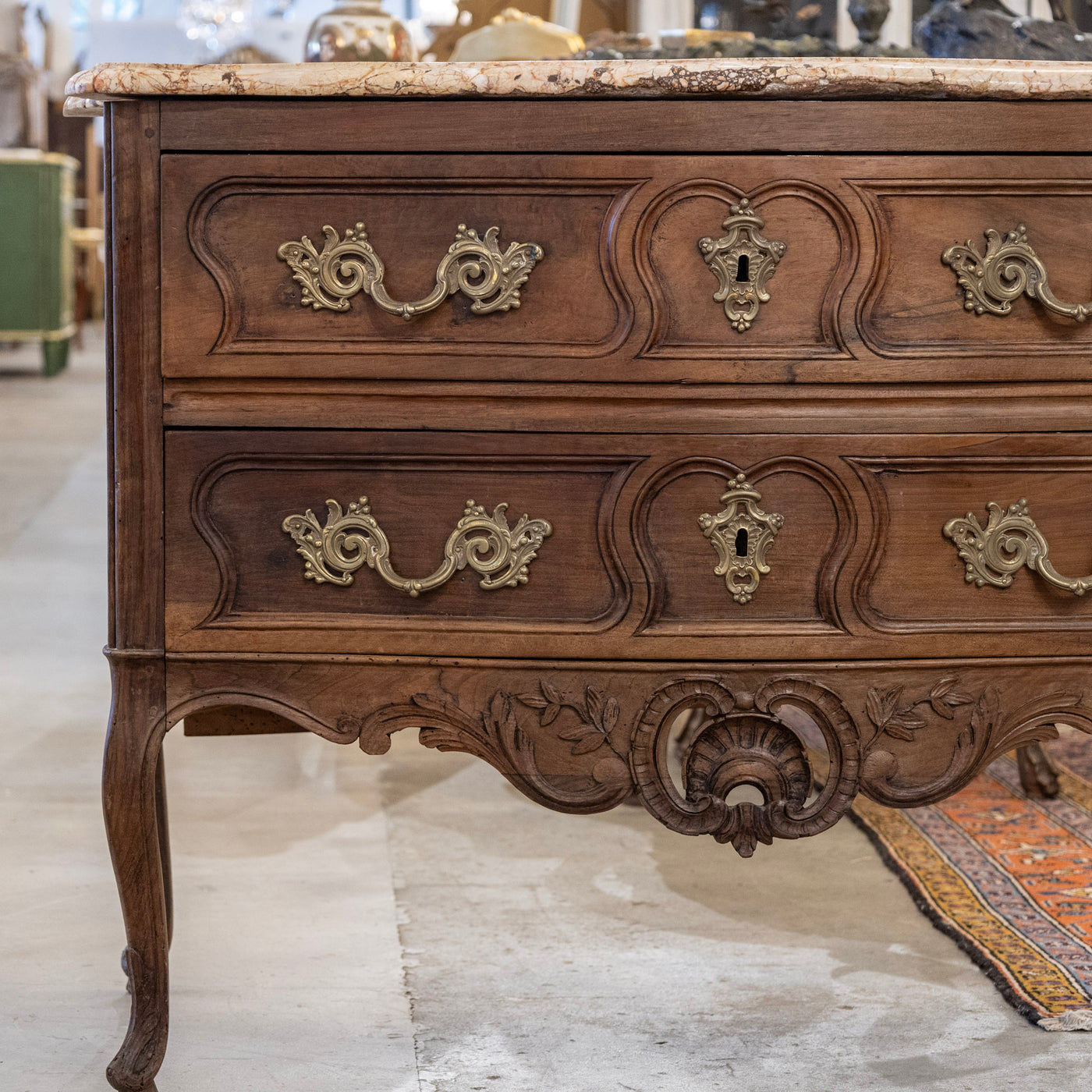 Louis XV 18th Century Walnut Chest – Carved Apron & Breccia Pernice Marble Top