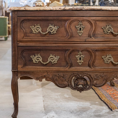 Louis XV 18th Century Walnut Chest – Carved Apron & Breccia Pernice Marble Top