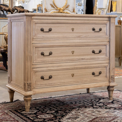 French Oak Stripped 3-Drawer Chest – Fluted Columns & Square Pulls