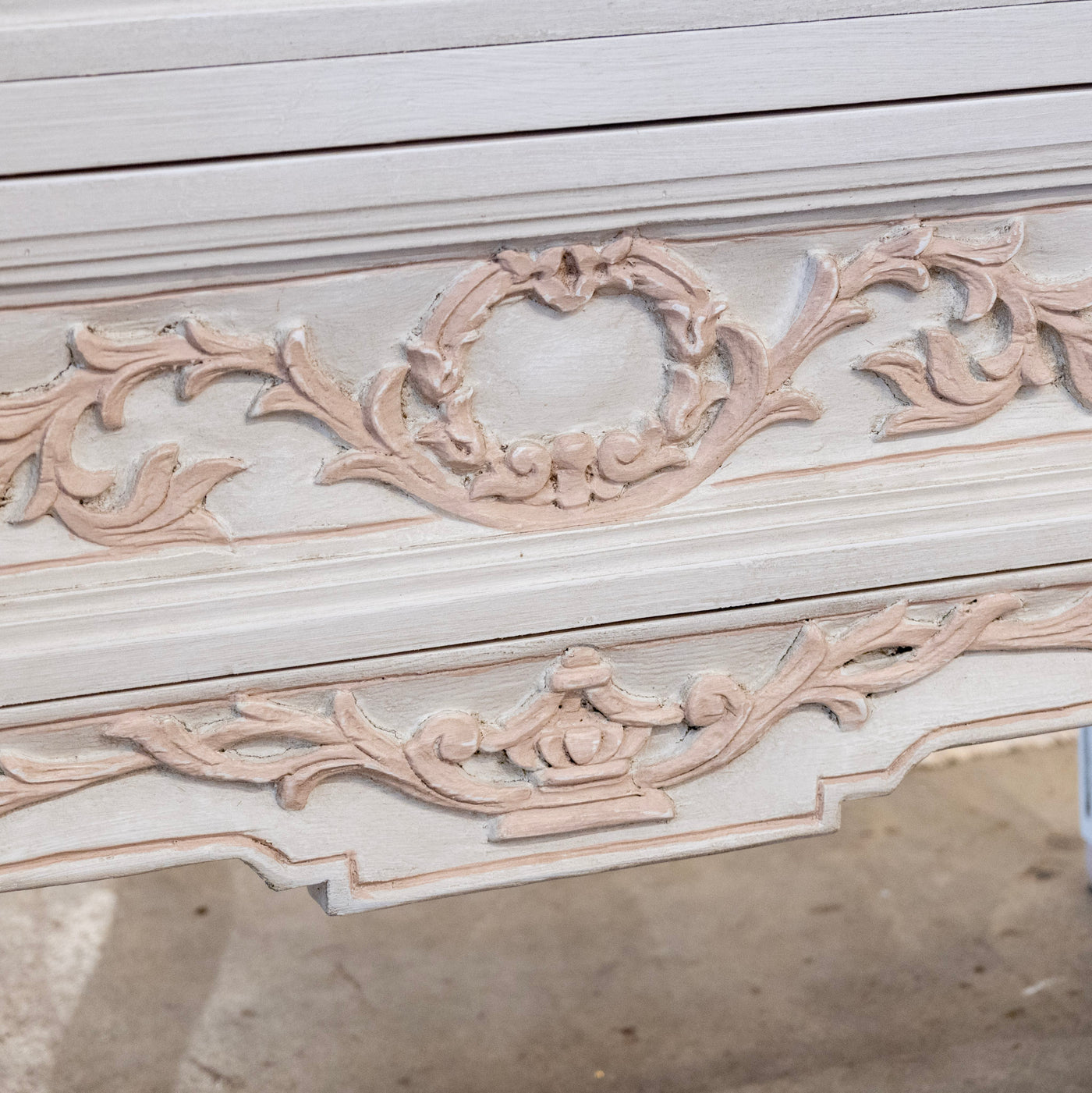 Swedish 2-Drawer Chest in Antique White – Pink Carved Floral Motifs