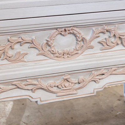 Swedish 2-Drawer Chest in Antique White – Pink Carved Floral Motifs