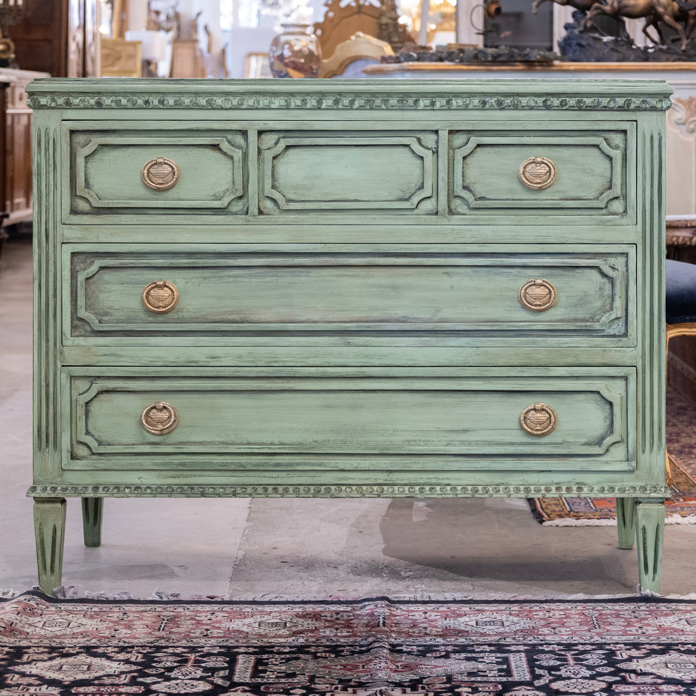 Swedish 3-Drawer Carved Chest – Distressed Green Finish