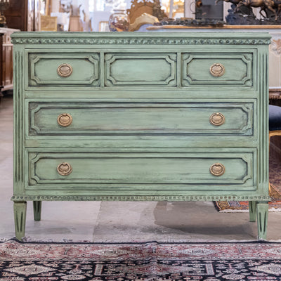 Swedish 3-Drawer Carved Chest – Distressed Green Finish