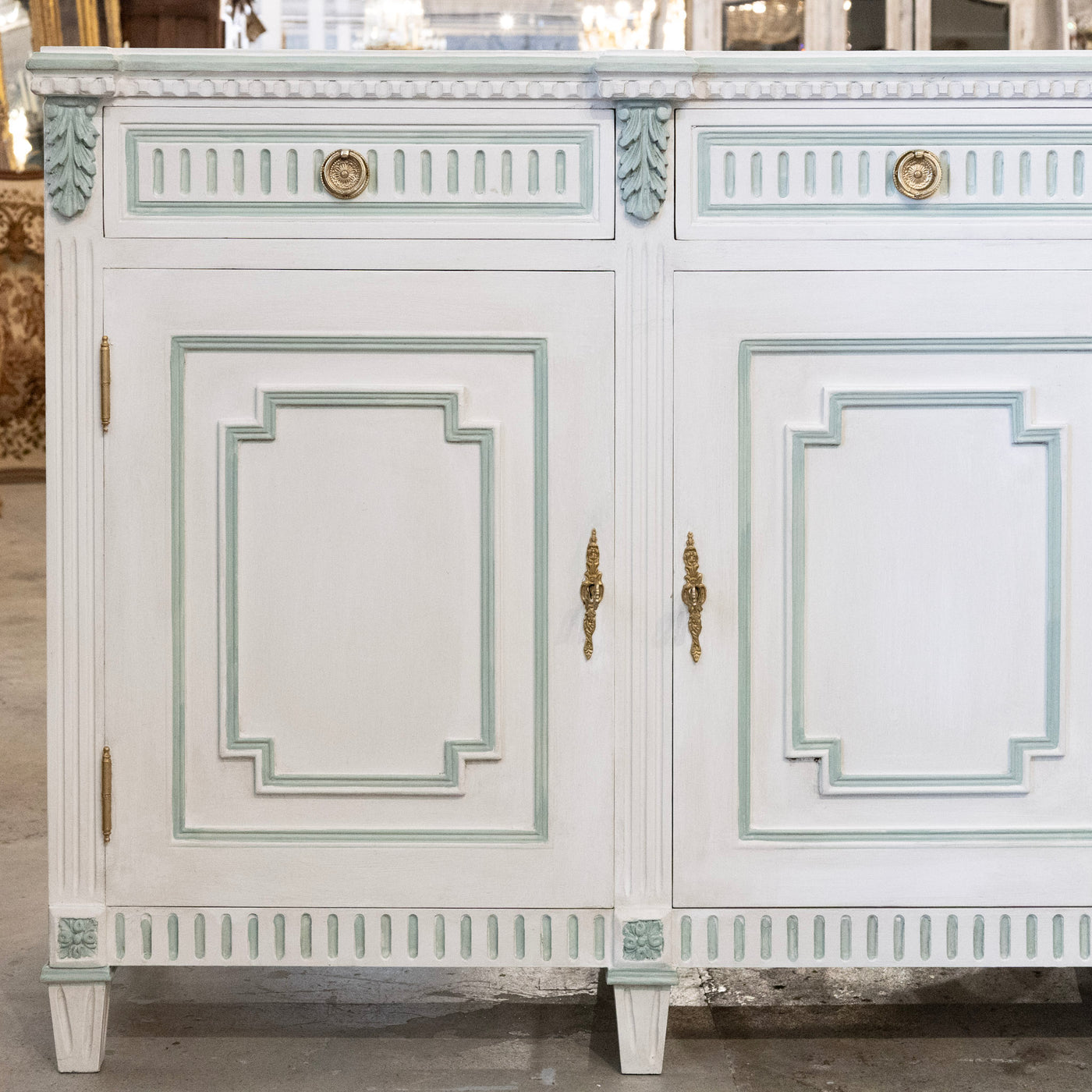Swedish White Painted Sideboard with Blue Accents