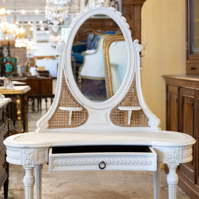 Swedish White Vanity – Oval Mirror & Cane Panels