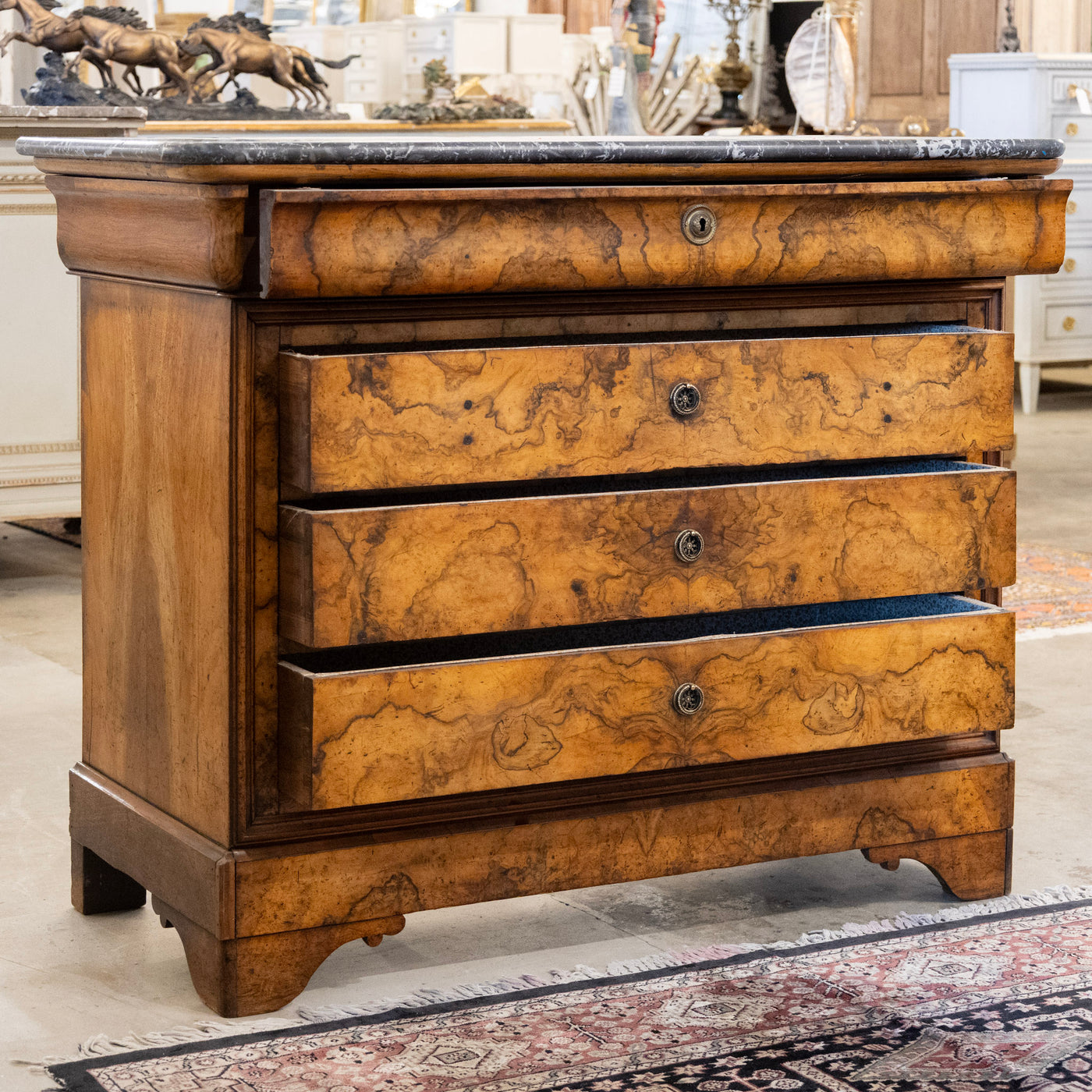 Louis Philippe Marbled Burl Wood Chest – Black Marble Top