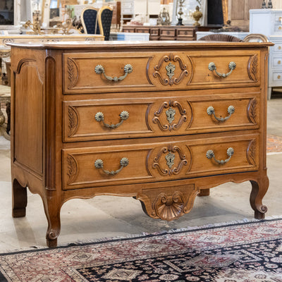 18th Century Wood Chest – Hand-Carved Details & Brass Rosette Pulls