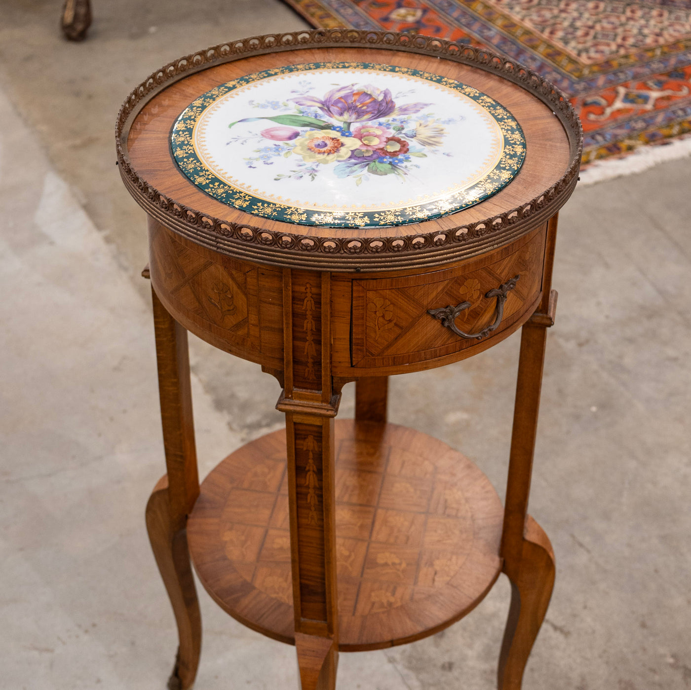 Louis XVI Brown Marquetry Side Table – Floral Porcelain Top