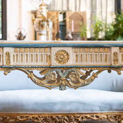 Louis XVI Gilded Console Table – Hand-Painted Blue & Gold with White Marble Top