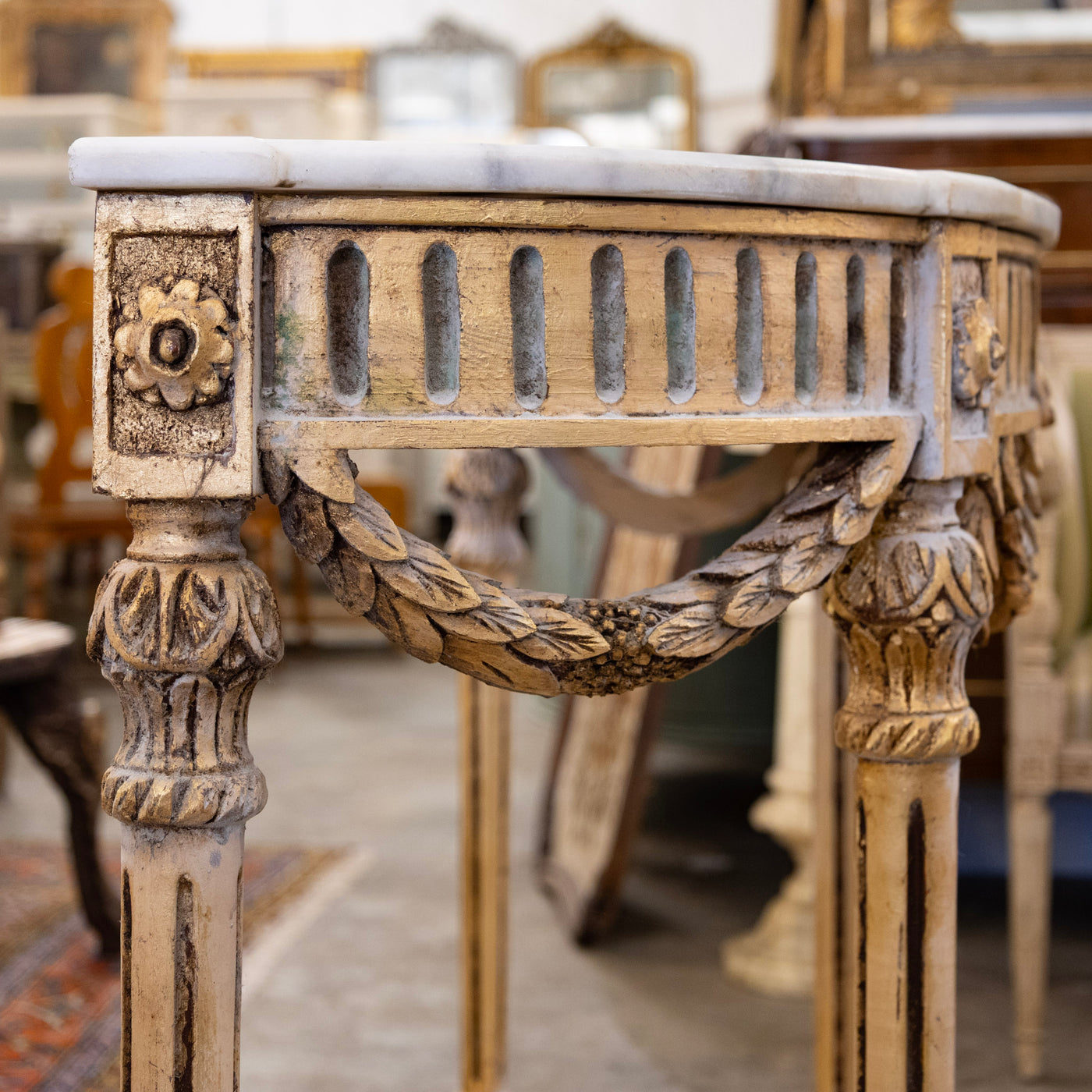 Louis XVI Demilune Console – Gilded Carvings with White Marble Top