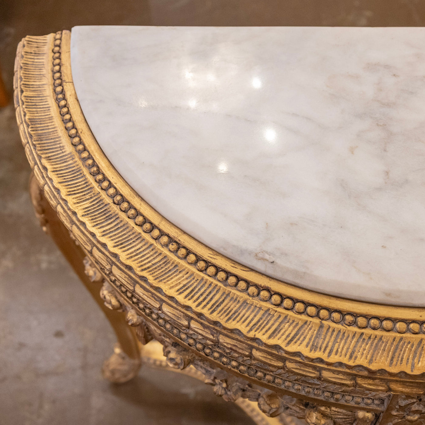 Louis XV Style Gilded Demilune Console Table – White Marble Top & Carved Trim