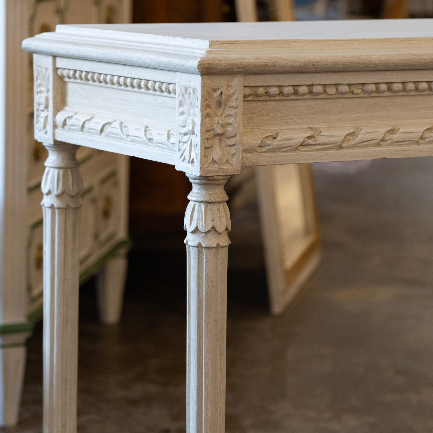 Swedish Carved Console Table – Antique White Finish