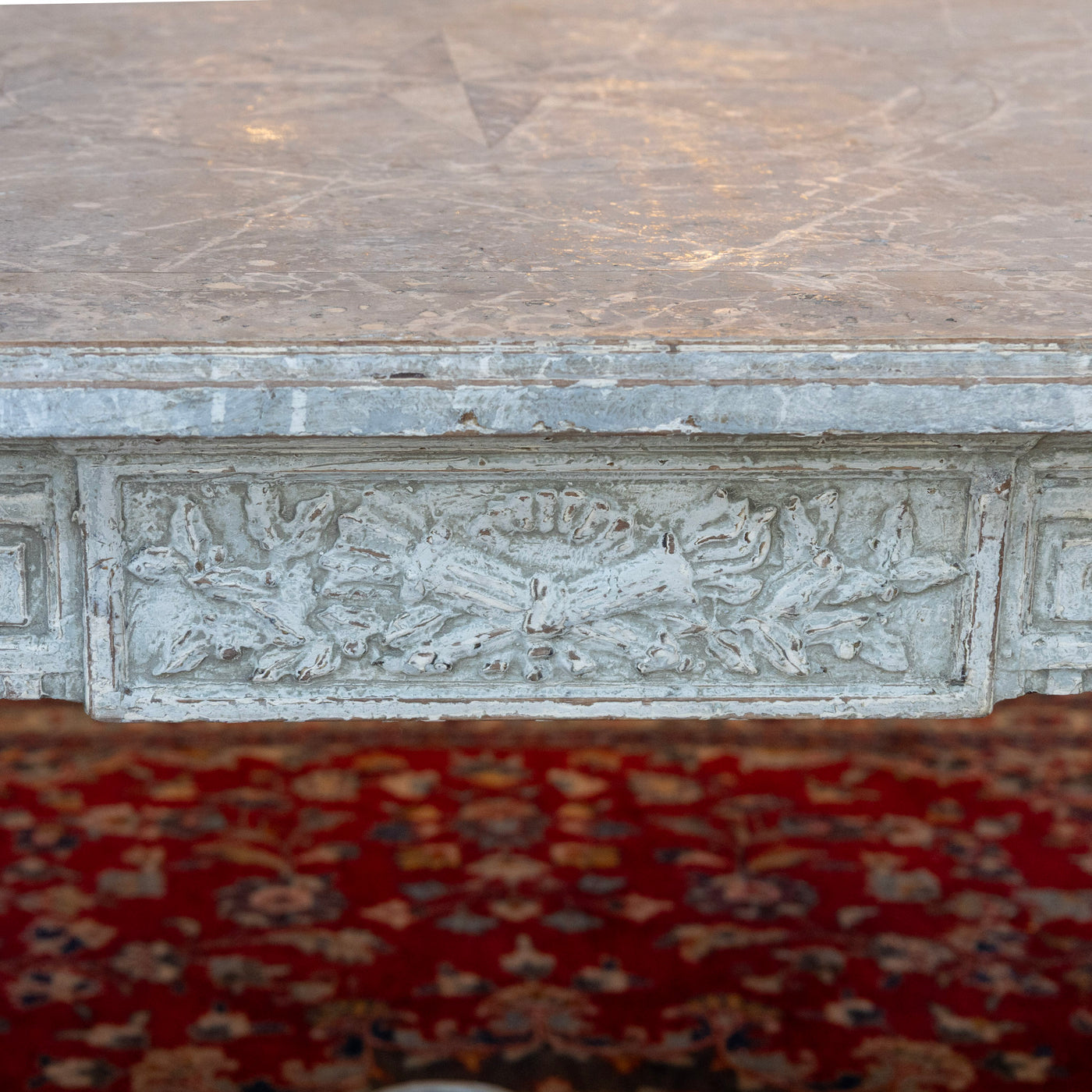 Grand European Neoclassical Hand-Carved Dining Table – Grey & White Faux Marble Finish