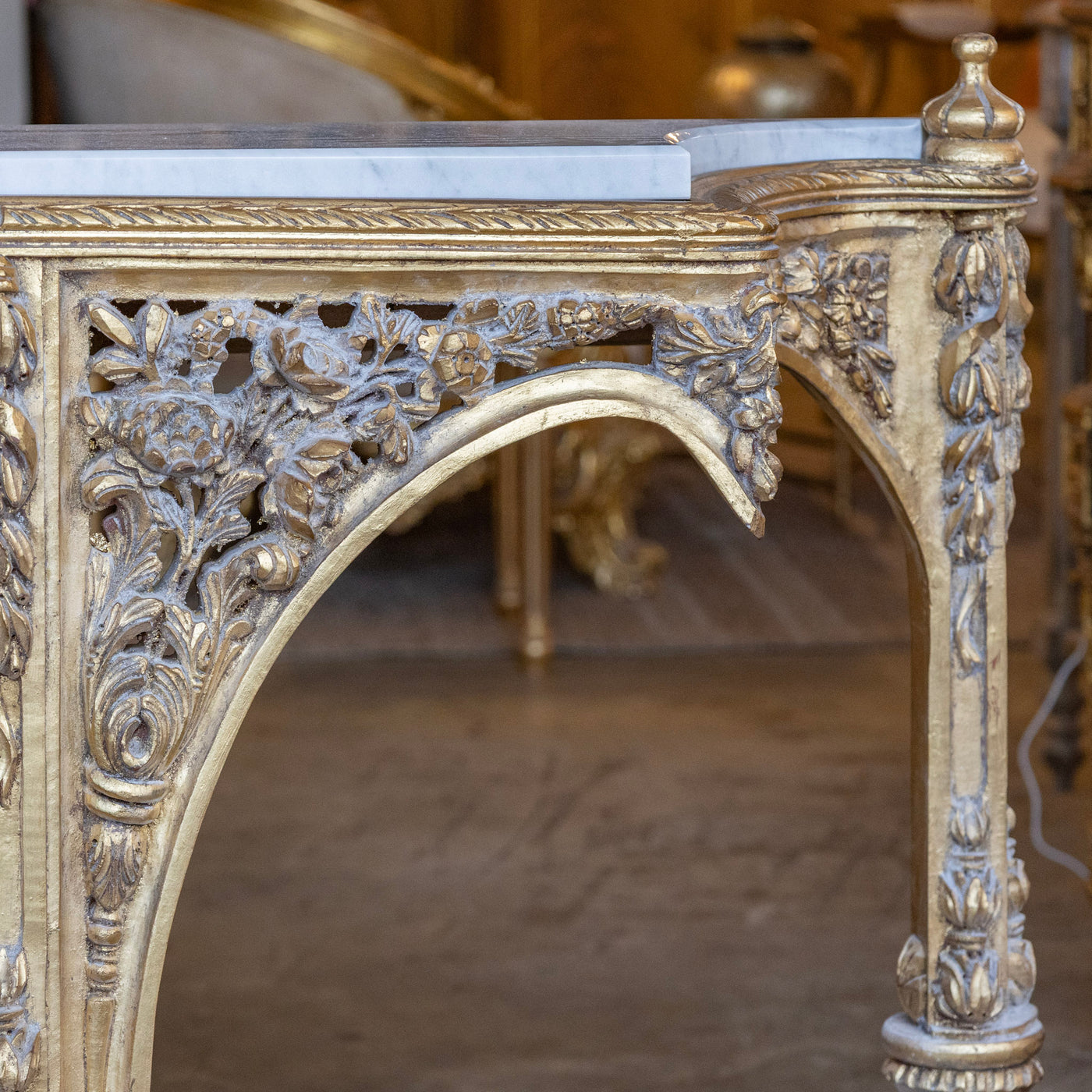 Louis XVI Ornate Gilded Console Table – Hand-Carved Florals & White Marble Top