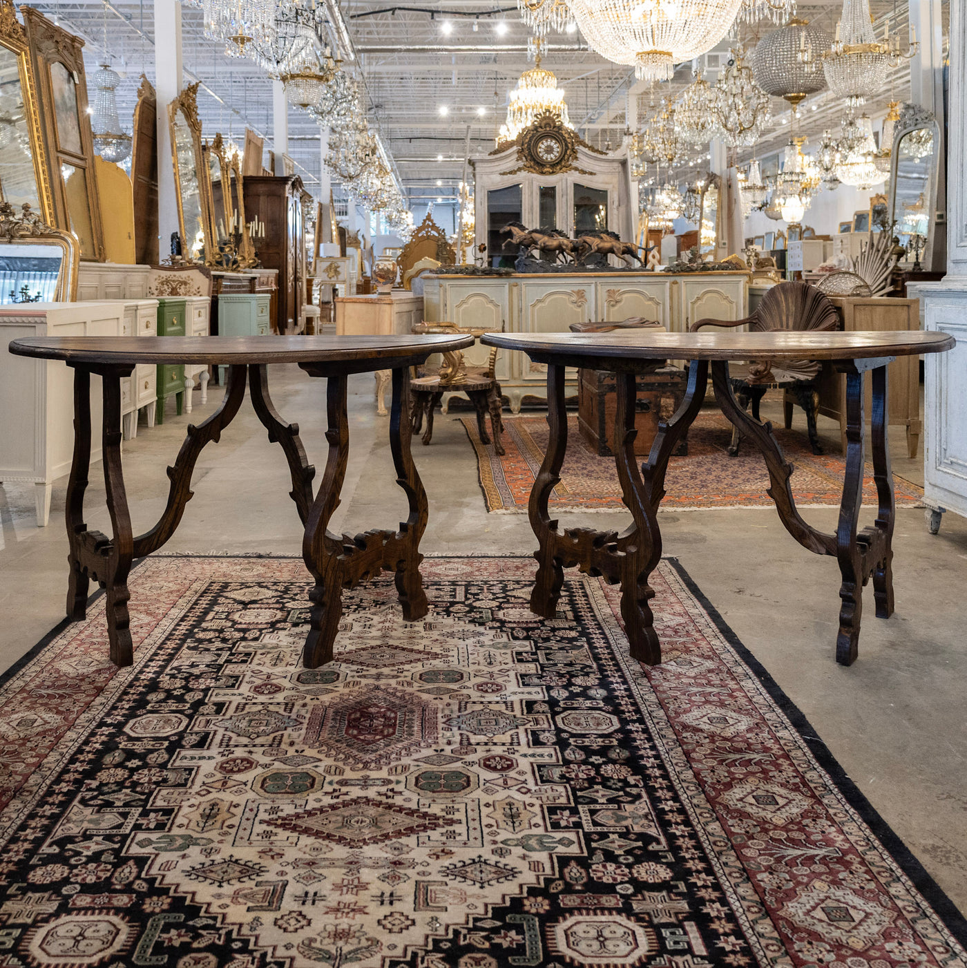 Italian Carved Sculptural Walnut Center Table – Formed By Pair of Demilune Consoles