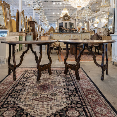 Italian Carved Sculptural Walnut Center Table – Formed By Pair of Demilune Consoles