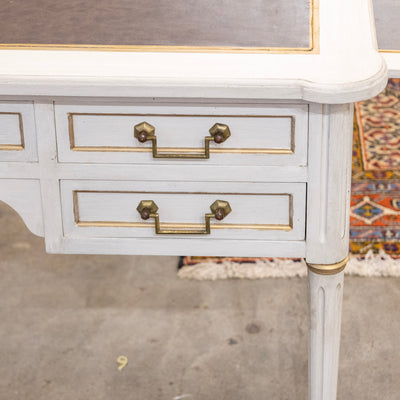 Louis XVI White Painted Desk with Gold Trim – Brown Leather Top & Slide-Out Panels