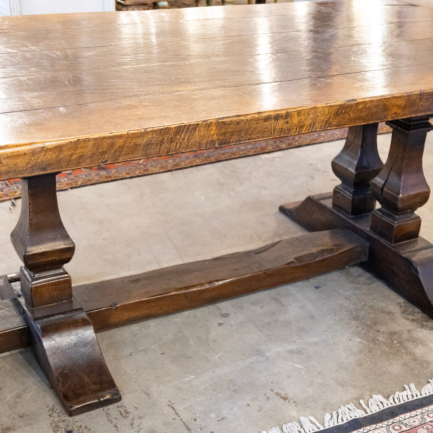 Farmhouse Dining Table – Rustic Dark Wood With Trestle Base – Le Chateau