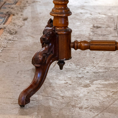 French Wood Center Table – Burl Wood Top & Carved Lion Legs on Casters