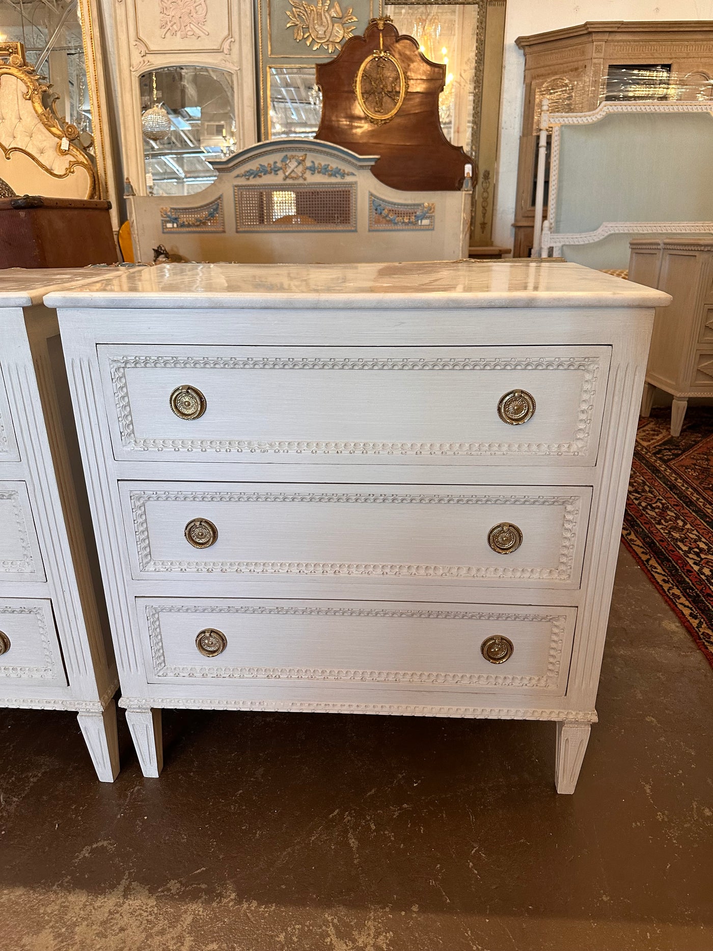 Swedish Beaded Front Nightstand with Marble Top