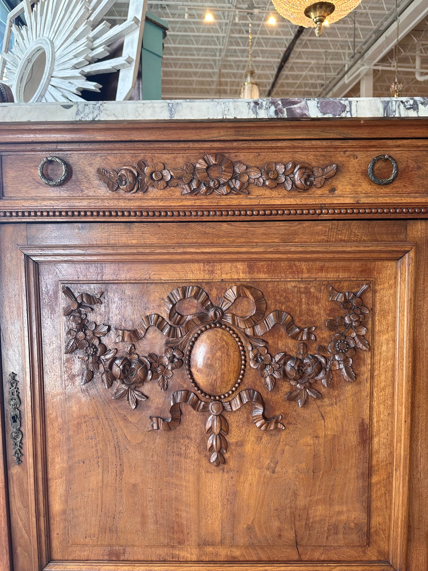 Walnut Wood French Sideboard with Multi Color Marble Top